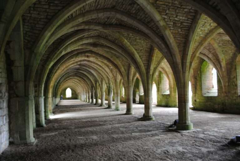 The vaulted cellarium arches of Fountains Abbey